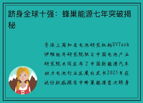 跻身全球十强：蜂巢能源七年突破揭秘