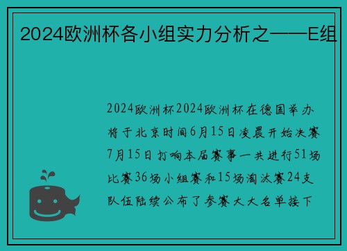 2024欧洲杯各小组实力分析之——E组