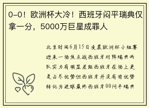 0-0！欧洲杯大冷！西班牙闷平瑞典仅拿一分，5000万巨星成罪人